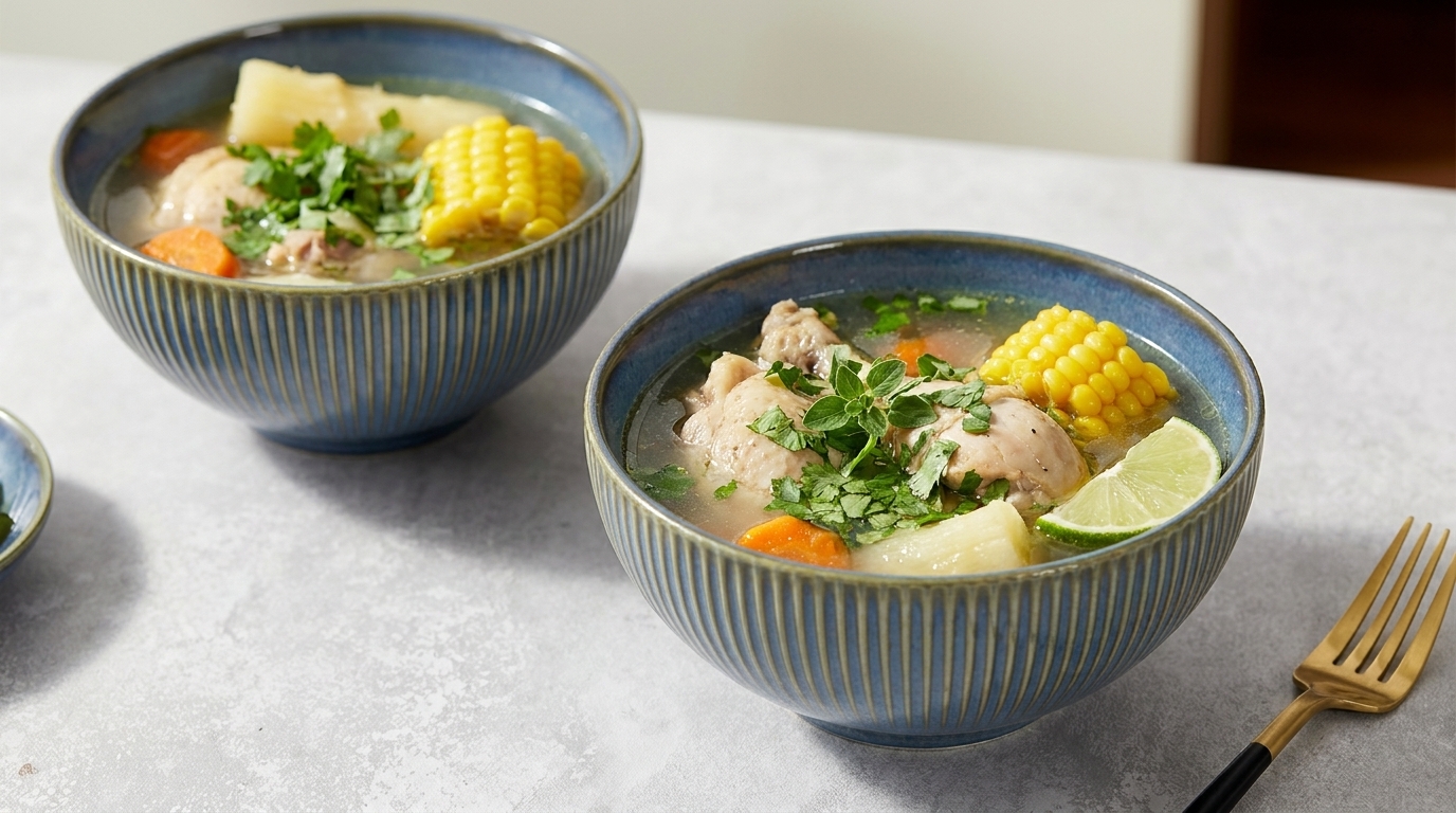 Zwei Schalen Hühnersuppe mit Hähnchenstücken, Maiskolben, Kartoffeln, Karotten, Limettenspalte und gehackten Kräutern.