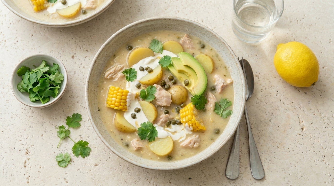 Schüssel cremige Hühnersuppe mit Kartoffelscheiben, Maisstücken, Avocadoscheiben, Kapern und frischem Koriander; daneben Zitrone und Besteck.