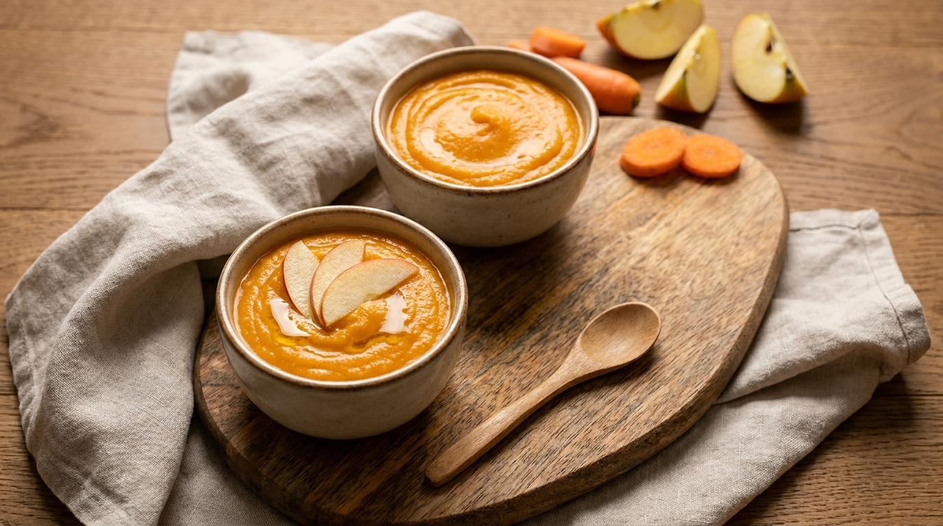 Zwei Schalen cremige Karotten-Apfelsuppe, jeweils mit dünnen Apfelscheiben garniert, auf einem Holzbrett neben einem Holzlöffel.
