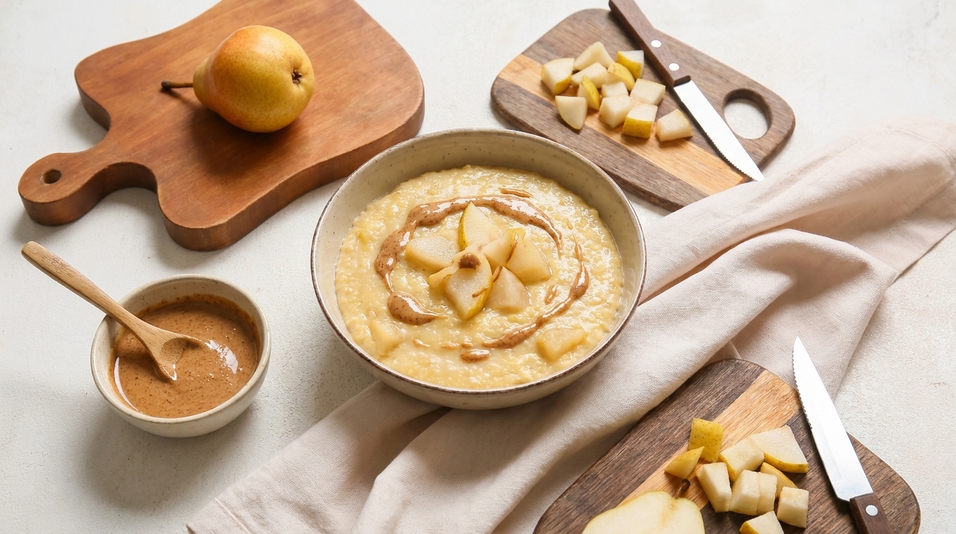 Schüssel cremiger Haferbrei, garniert mit Karamellsauce und Birnenscheiben, umgeben von geschnittenen Birnen, Schneidebrettern, Messern und einer kleinen Schale mit Zimt.