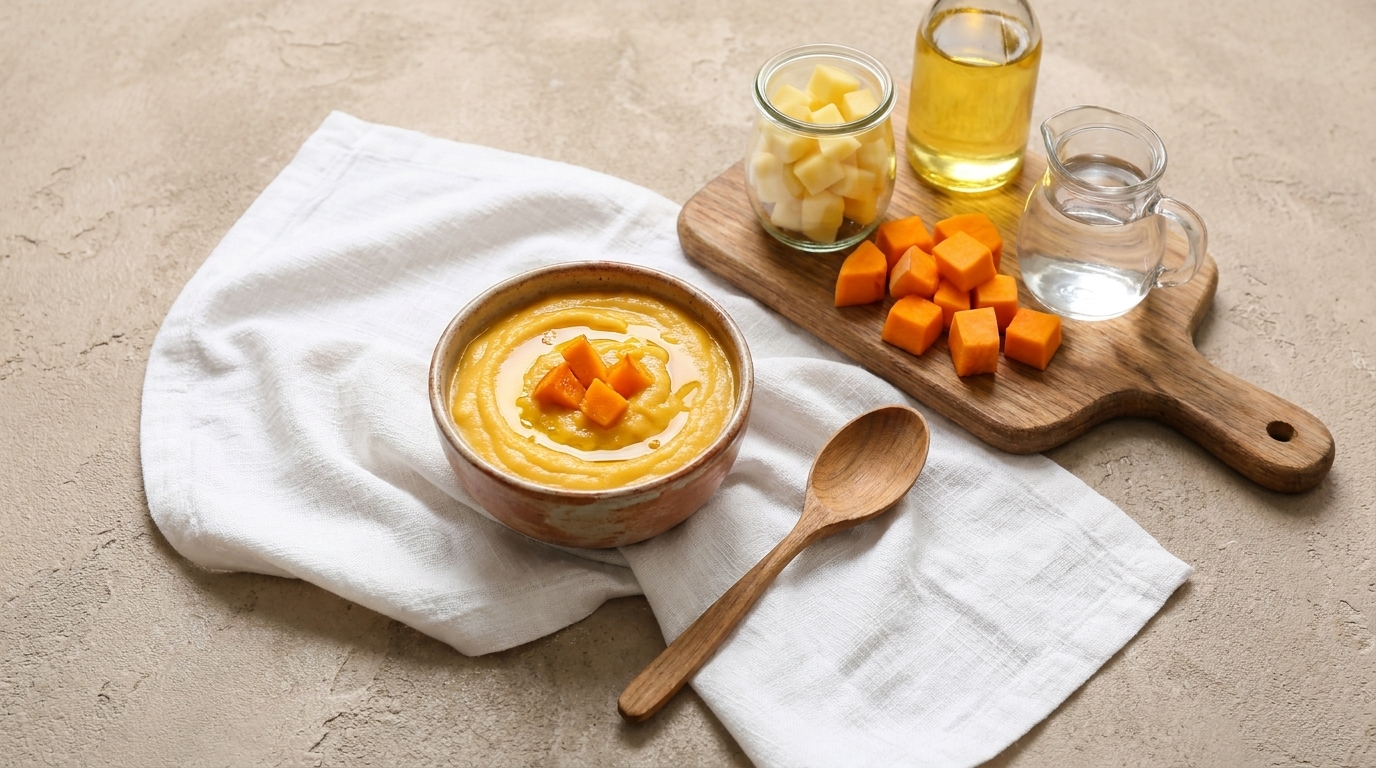 Schale mit cremiger Kürbissuppe, garniert mit Kürbiswürfeln; daneben Holzlöffel und Brett mit zusätzlichen Kürbiswürfeln sowie Öl- und Wassergläser auf weißer Serviette.