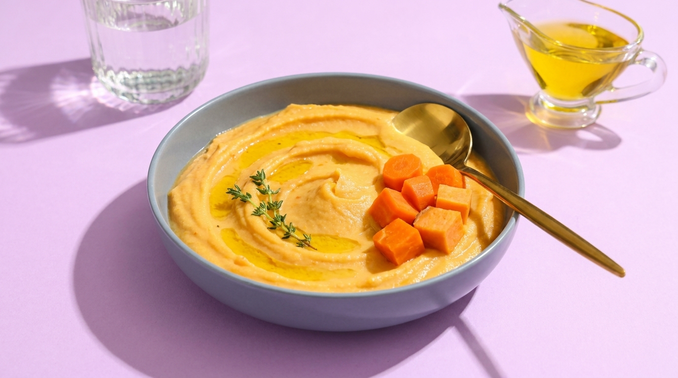 Schale mit cremigem orangefarbenem Püree, garniert mit frischem Thymian, einigen Karottenwürfeln, einem Öl-Faden und einem goldfarbenen Löffel.
