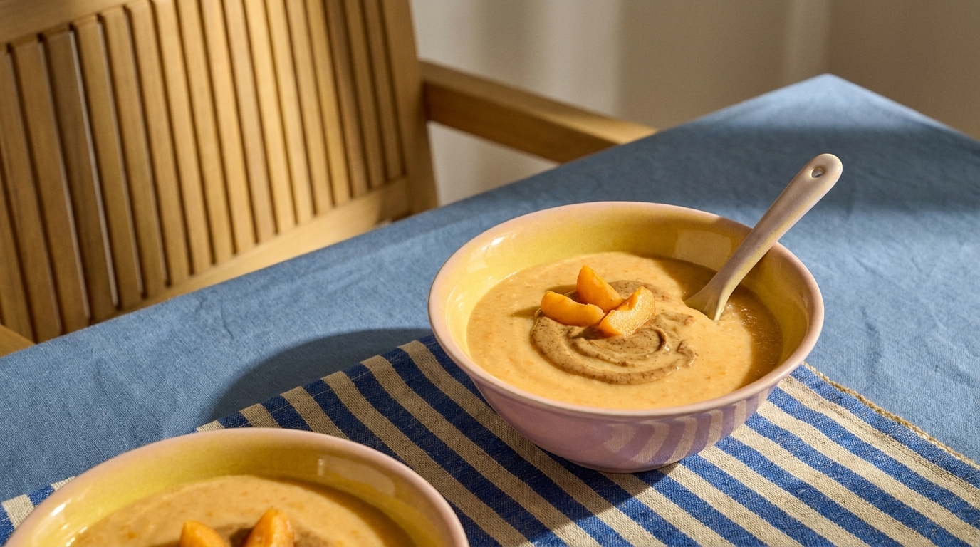 Zwei Schalen mit cremiger orangefarbener Suppe, eine mit einem Löffel, beide mit Fruchtstücken garniert und auf einem gestreiften Tischtuch arrangiert.