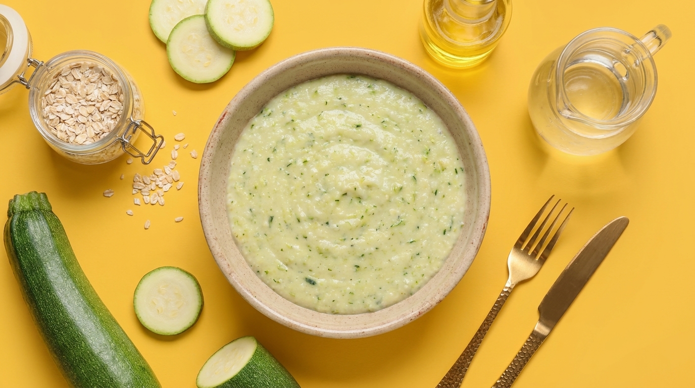 Schüssel mit cremigem grünen Zucchini-Püree auf gelbem Hintergrund, umgeben von frischen Zucchinischeiben, einer ganzen Zucchini, Haferflocken sowie kleinen Öl- und Wassergläsern.