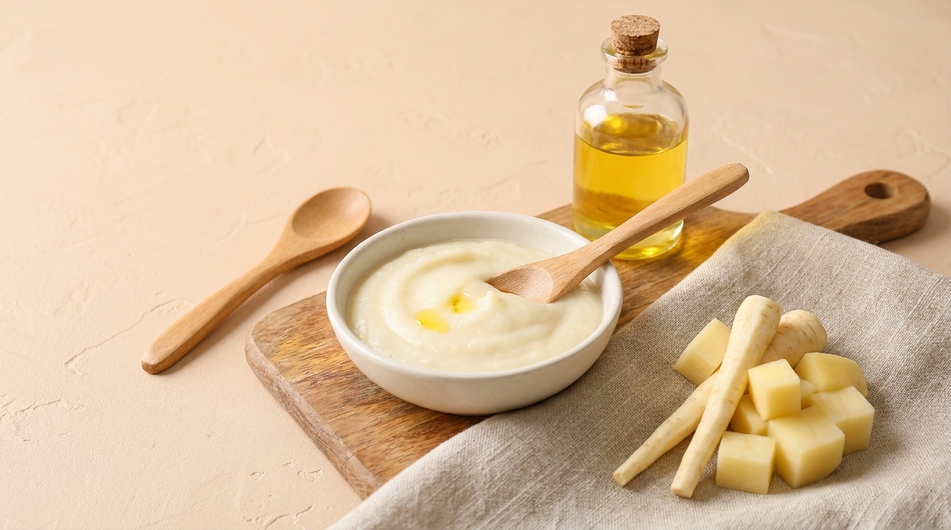 Schale mit cremigem Kartoffelpüree, oben mit Öl beträufelt, Holzlöffel darin; daneben auf einem Brett gewürfelte und gestiftelte rohe Kartoffeln sowie eine kleine Flasche Öl.