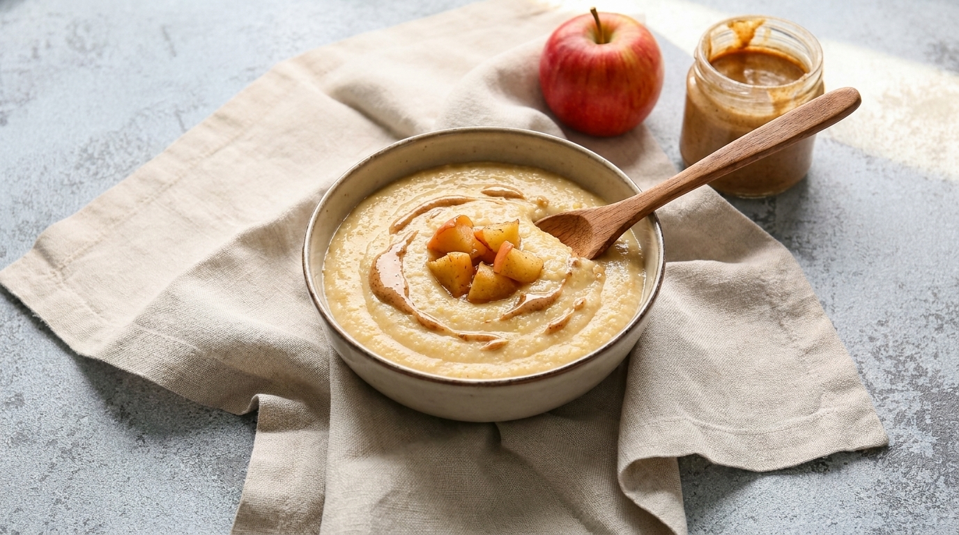 Schüssel mit cremigem Apfelbrei, garniert mit kleinen Apfelstücken und Holzlöffel; daneben ein ganzer Apfel und ein Glas Apfelmus.