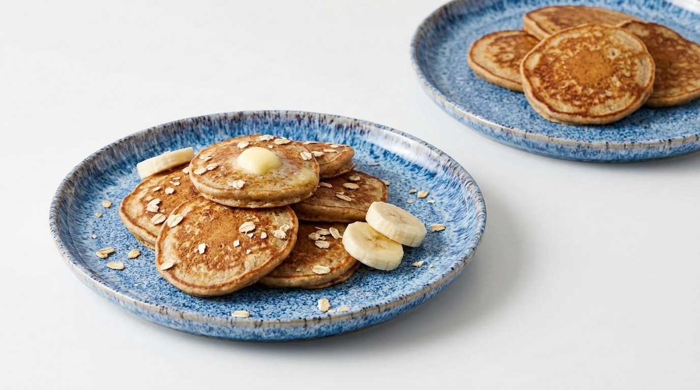 Vordergrund: mehrere goldbraune Pfannkuchen auf einem blauen Teller, garniert mit Butter, Bananenscheiben und Haferflocken; im Hintergrund ein zweiter Teller mit weiteren Pfannkuchen.