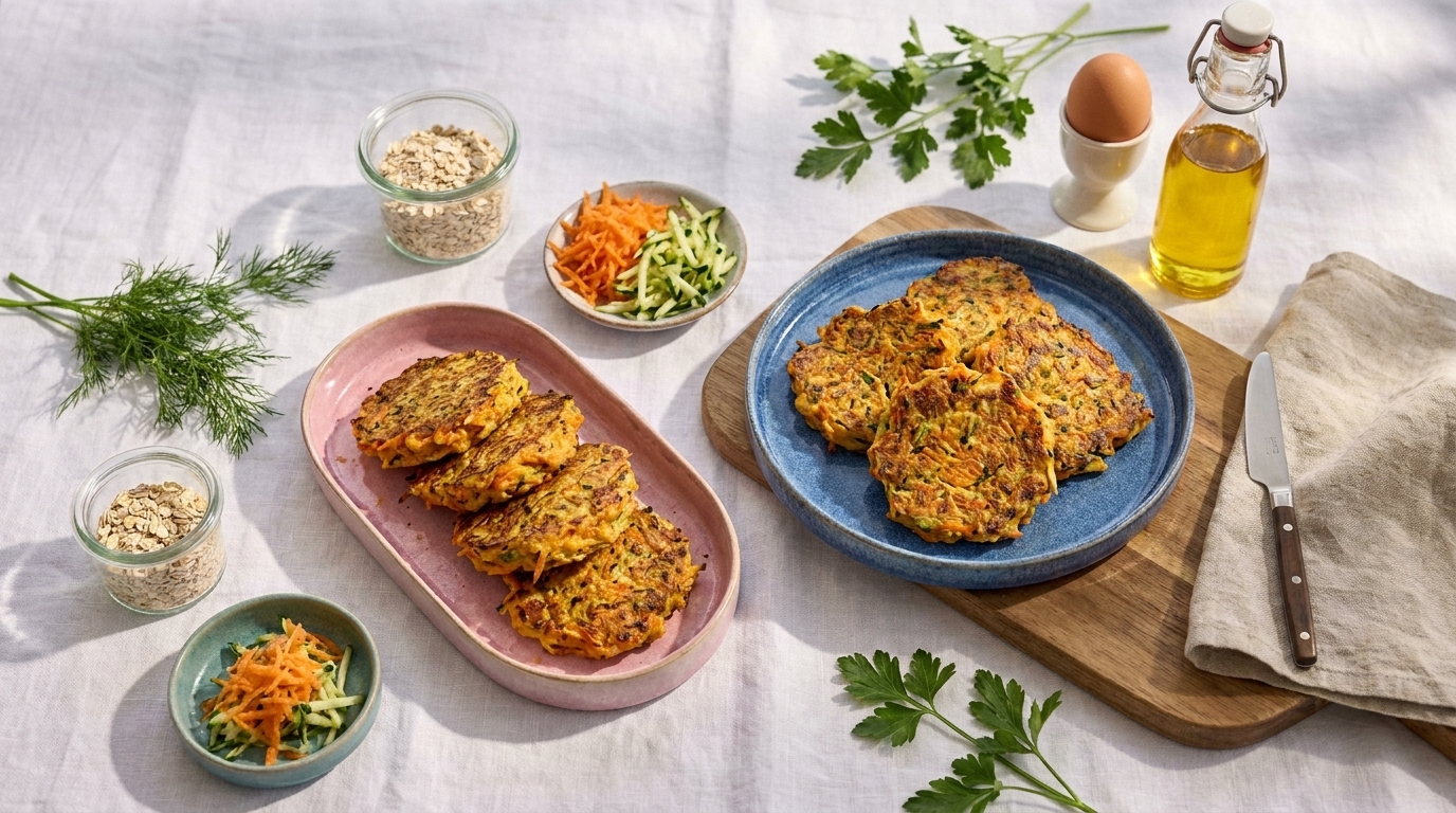 Mehrere goldbraune Zucchini‑Karotten‑Puffer auf Tellern, serviert mit kleinen Schälchen mit geraspelten Karotten und Zucchini, Haferflocken, frischen Kräutern, einem Ei und Öl.
