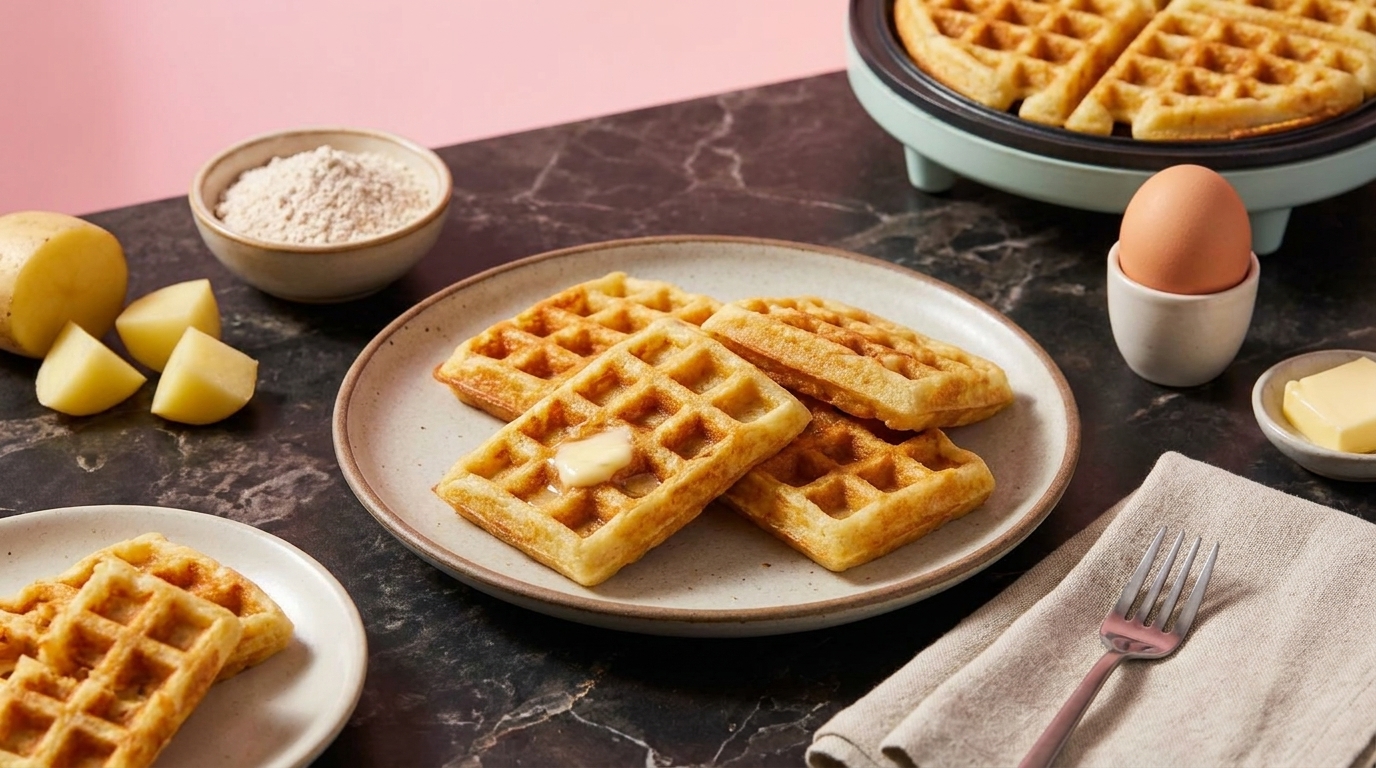 Drei goldbraune Waffeln auf einem Teller mit schmelzender Butter, im Hintergrund Waffeleisen und Zutaten.