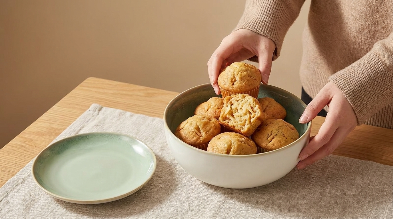 Zwei Hände halten eine Schüssel mit frisch gebackenen Muffins; einer ist aufgebrochen und zeigt eine faserige Käsefüllung. Daneben steht ein leerer Teller.