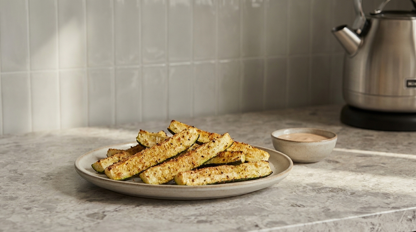 Teller mit knusprig goldbraunen, panierten Zucchinisticks und einer kleinen Schale cremigen Dips.