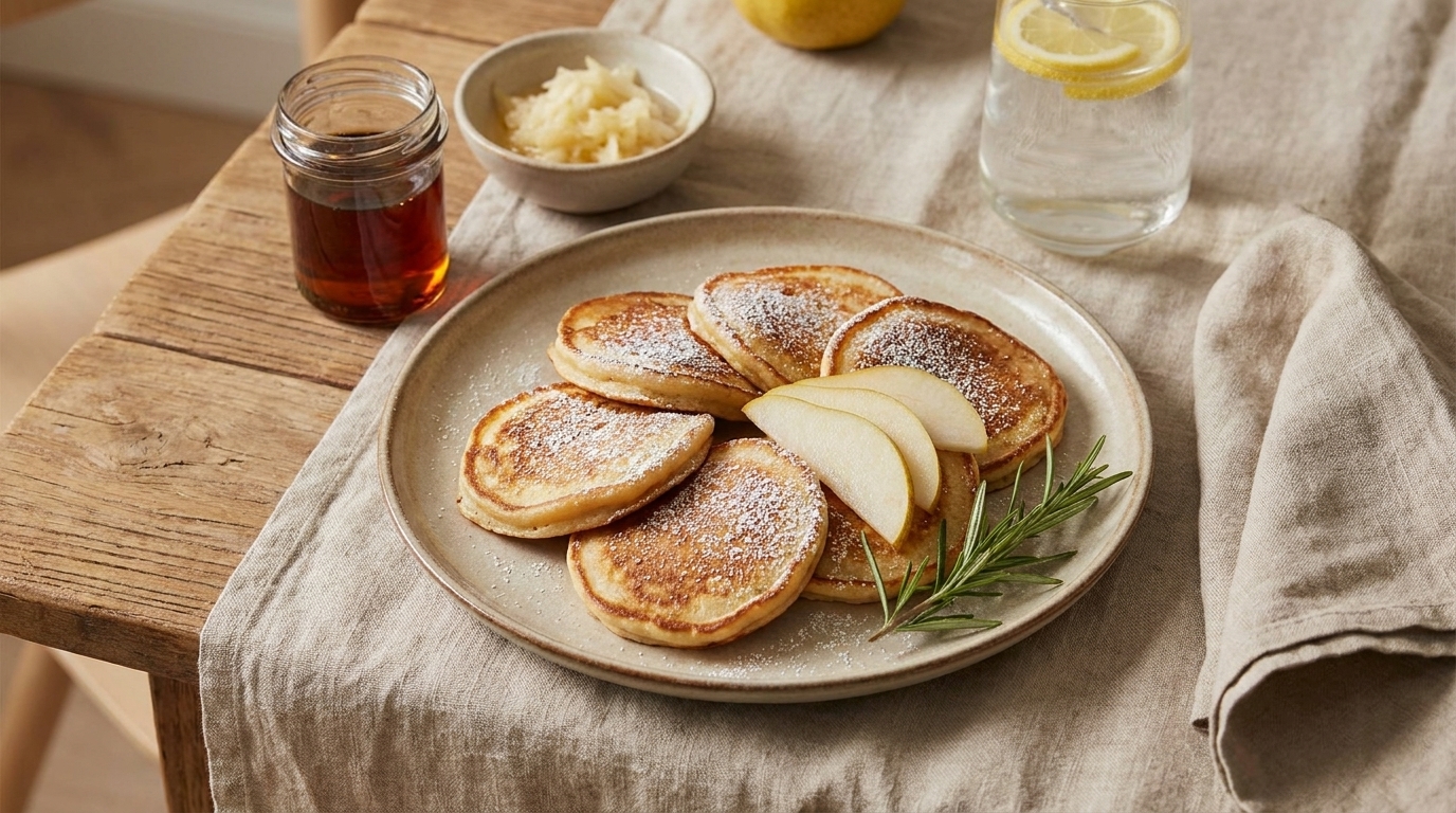 Teller mit fünf goldbraunen Pfannkuchen, leicht mit Puderzucker bestäubt, garniert mit Apfelscheiben und Rosmarinzweig; ein kleines Glas Ahornsirup daneben.