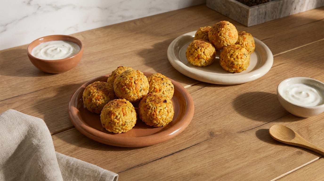 Zwei Teller mit goldbraunen, gebackenen Bällchen, begleitet von zwei kleinen Schälchen mit weißem Dip.