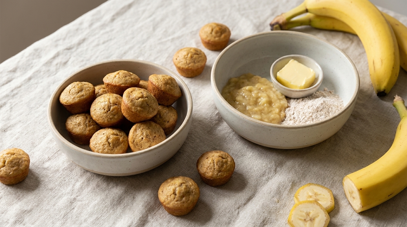 Schale mit kleinen Bananenmuffins, daneben Schale mit zerdrückter Banane, Butter und Mehl; ganze und geschnittene Bananen auf einem Leinentuch.
