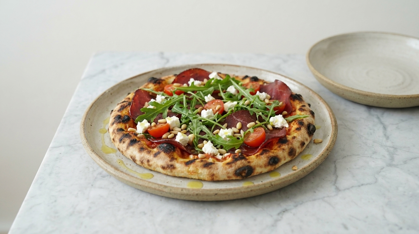 Pizza mit knuspriger, leicht gebräunter Kruste, belegt mit Rucola, halbierten Cherrytomaten, dünnen Schinken- oder Salami-Scheiben und kleinen Mozzarellastücken auf einem Teller.