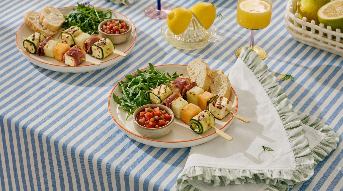 Zwei Teller mit Gemüse- und Käse-Spießen, Rucolasalat, Brotscheiben und Schälchen Tomatensalsa auf gestreifter Tischdecke.