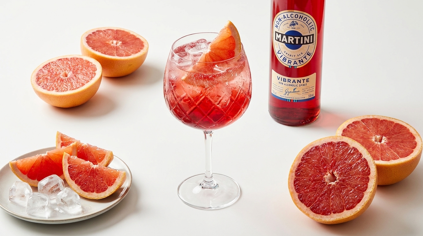 Glas mit rosafarbenem Grapefruit-Cocktail auf Eis, garniert mit einer Grapefruitspalte; daneben halbe und geviertelte Grapefruits, Eiswürfel auf einem Teller und eine Flasche Martini Vibrante.