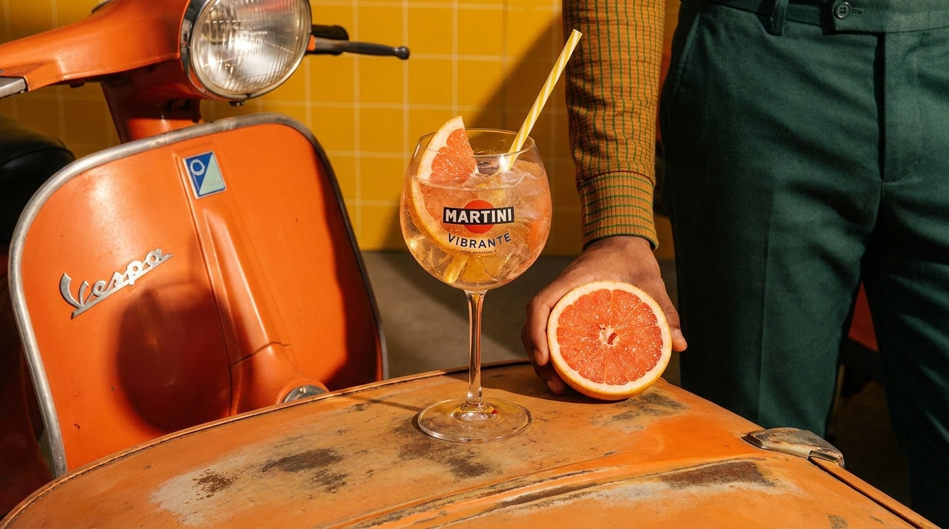 Orangefarbene Vespa im Vordergrund; auf ihrem Gepäckträger steht ein Martini-Glas mit Aufschrift "Martini Vibrante", gefüllt mit Grapefruit und Strohhalm. Daneben hält eine Person eine halbierte Grapefruit.