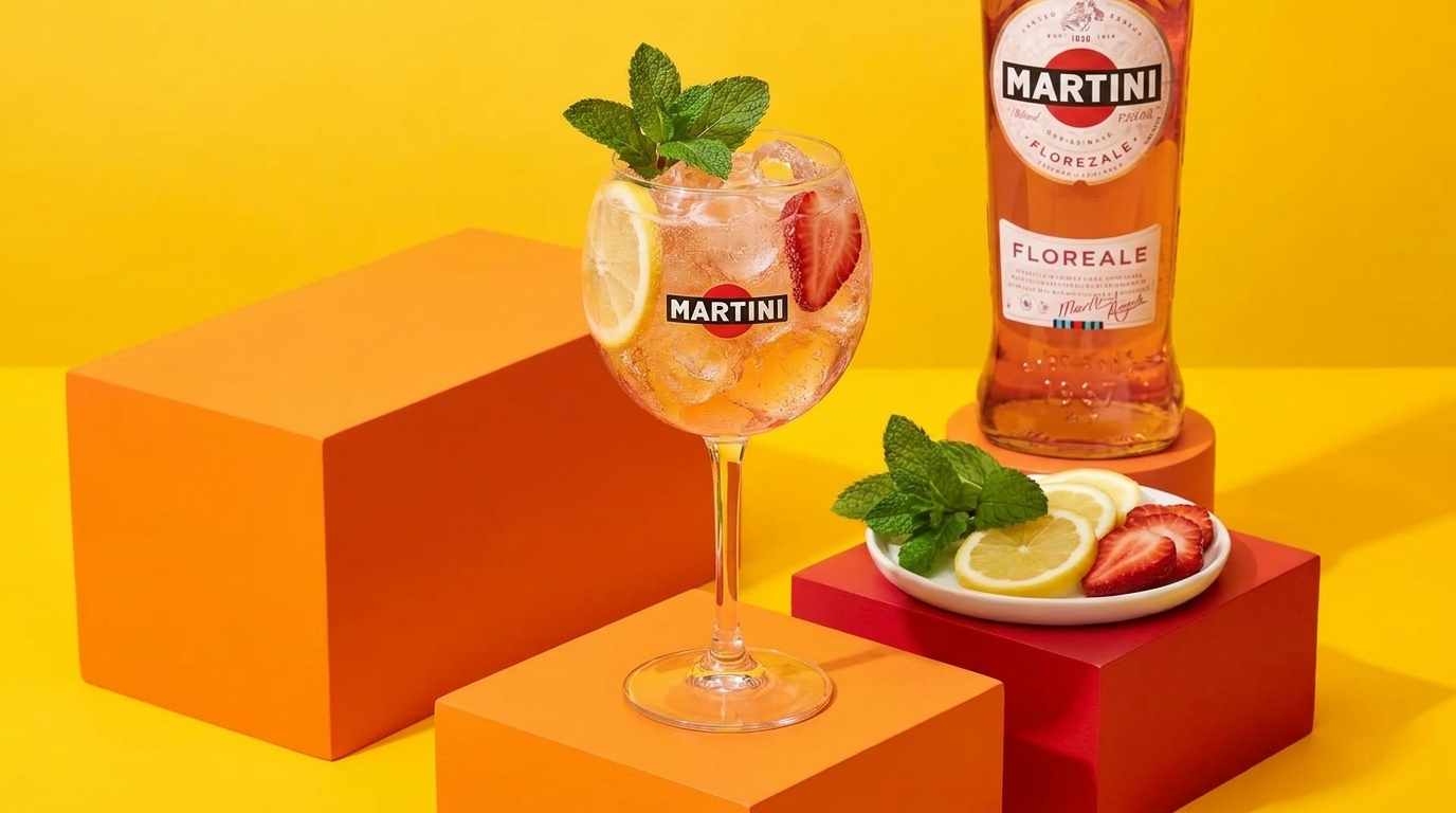 Flasche Martini Floreale neben einem Cocktailglas mit Eis, Zitronenscheiben, Erdbeeren und Minze auf orange-roten Kuben vor gelbem Hintergrund.