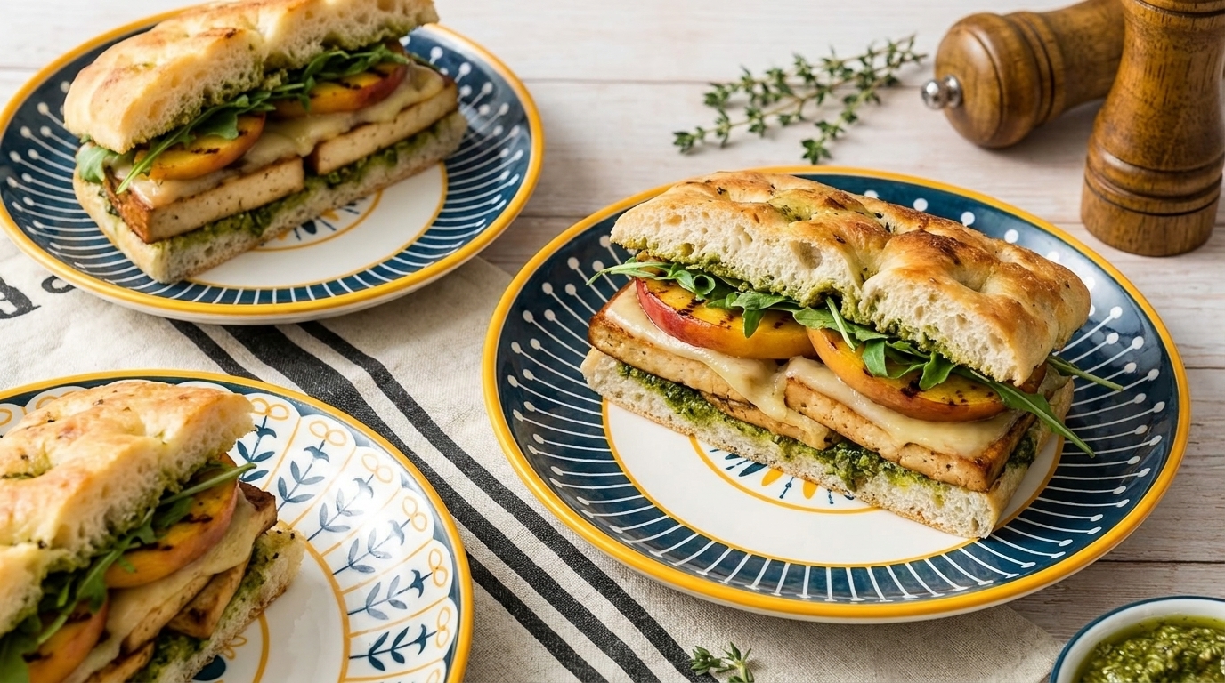 Drei halbierte Ciabatta-Sandwiches auf Tellern, gefüllt mit gegrilltem Käse, Tomatenscheiben, Rucola und Pesto.