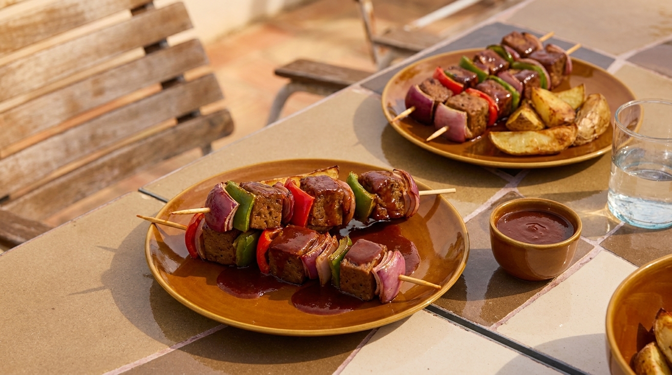 Zwei Teller mit gegrillten Fleisch- und Gemüsespießen (Paprika, Zucchini, Zwiebel), dazu gebackene Kartoffelspalten und eine Schale dunkler Barbecue‑Sauce.