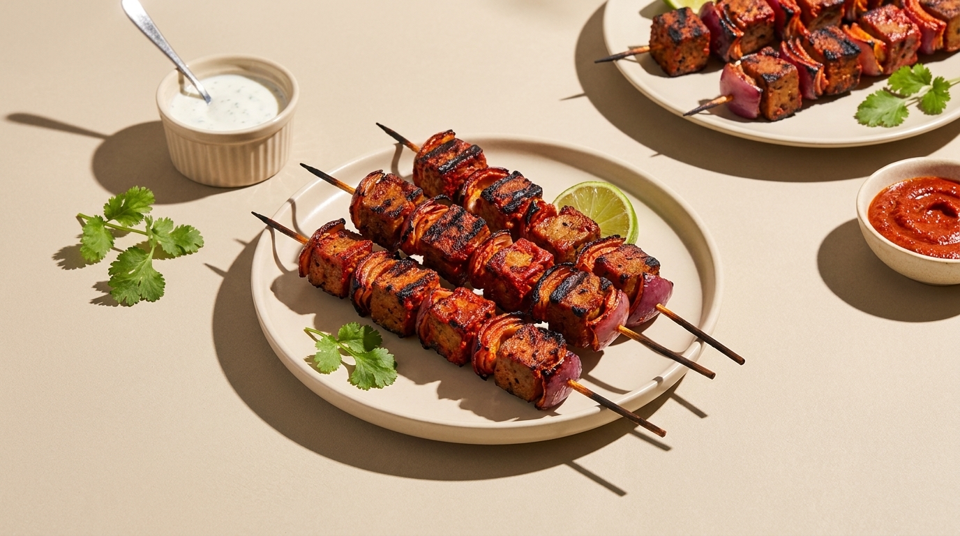 Drei gegrillte Spieße mit mariniertem Fleisch und Gemüse auf einem Teller, garniert mit Koriander und einer Limettenscheibe; daneben Schälchen mit weißem Joghurt-Dip und roter Chilisauce.