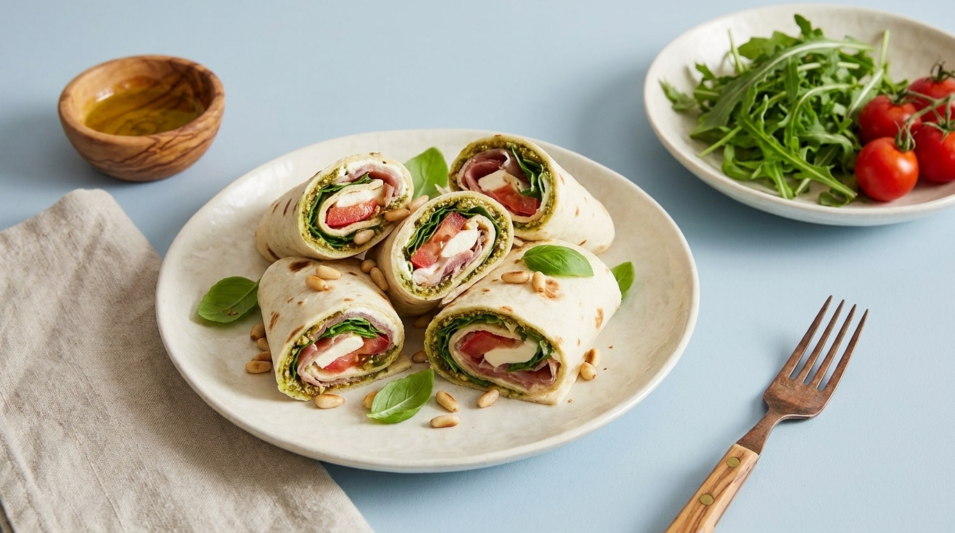 Teller mit aufgeschnittenen Tortilla‑Röllchen, gefüllt mit Schinken, Käse, Salat, Tomaten und Basilikum, garniert mit Pinienkernen.