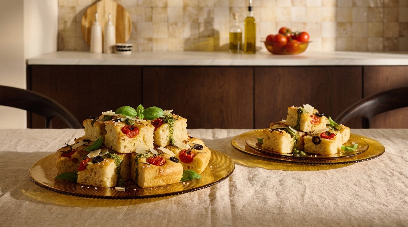Zwei goldene Glasteller mit geschnittenen Stücken herzhafter Focaccia, garniert mit Kirschtomaten, Basilikum und Oliven, auf einem Tisch.