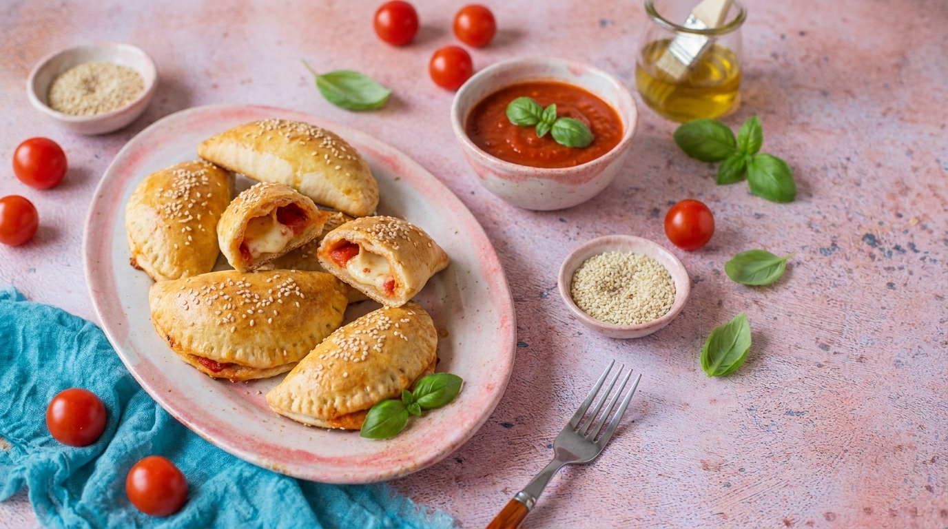 Teller mit goldbraunen, mit Sesam bestreuten Teigtaschen, eine aufgeschnitten und gefüllt mit geschmolzenem Käse und Tomaten; daneben Schälchen mit Tomatensauce, frische Basilikumblätter und Kirschtomaten.