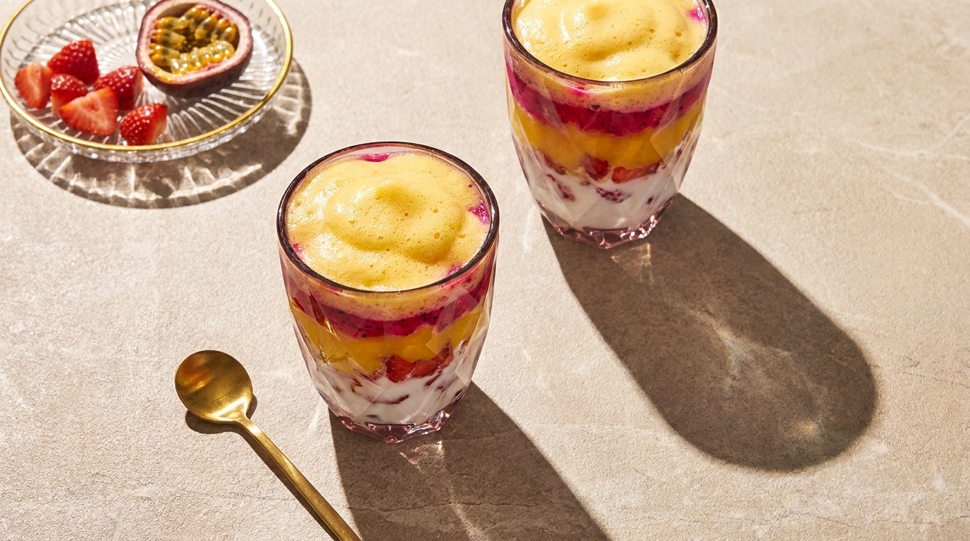 Zwei Gläser mit geschichteten Früchte‑Joghurt‑Desserts, sichtbare gelbe und pinke Fruchtschichten, cremiger Schaum als Topping; ein goldener Löffel liegt daneben.