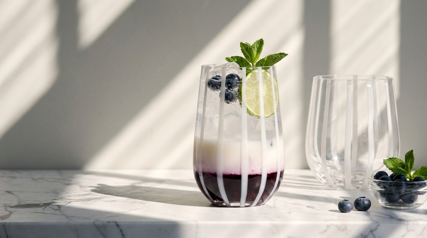 Glas mit geschichtetem Heidelbeer-Drink: dunkelviolette Schicht unten, weiße Schicht mit Eis, garniert mit Limettenscheibe, frischer Minze und Blaubeeren, auf hellem Marmor im Sonnenlicht.