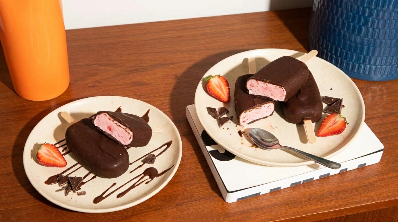 Drei schokoladenüberzogene Eis am Stiel mit rosa Erdbeerfüllung, auf zwei Tellern serviert und halbiert, garniert mit Erdbeerhälften, Schokoladenraspeln und einem Löffel.