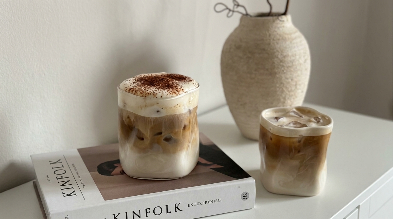 Zwei Gläser Eiskaffee auf weißer Oberfläche: ein größeres geschichtetes Glas mit Milch, Kaffee und Milchschaum bestreut mit Kakaopulver, daneben ein kleineres Glas mit Eiskaffee und Eiswürfeln.