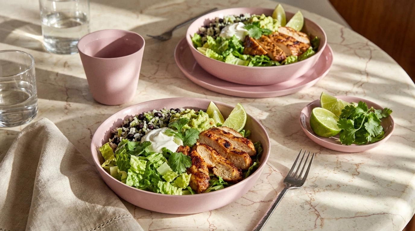 Zwei rosafarbene Schalen mit Salatbowls: gegrillte Hähnchenstreifen, grüner Salat, schwarzer Reis/ Bohnen, Limettenviertel, Sauerrahm und Koriander; daneben kleines Schälchen Limetten und Besteck.