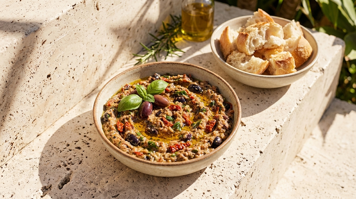 Schale mit cremigem mediterranen Dip, garniert mit Basilikum, Oliven und Olivenöl; daneben Schälchen mit gerissenem Brot auf hellem Steinuntergrund.
