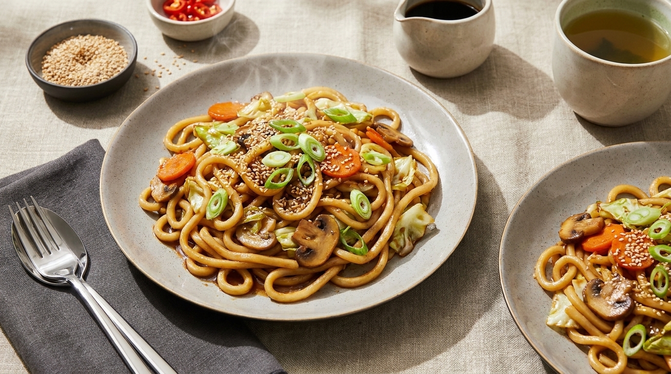 Teller mit gebratenen Udon‑Nudeln in Sojasauce, Champignons, Karottenscheiben und Kohl, garniert mit Frühlingszwiebeln und Sesamsamen.