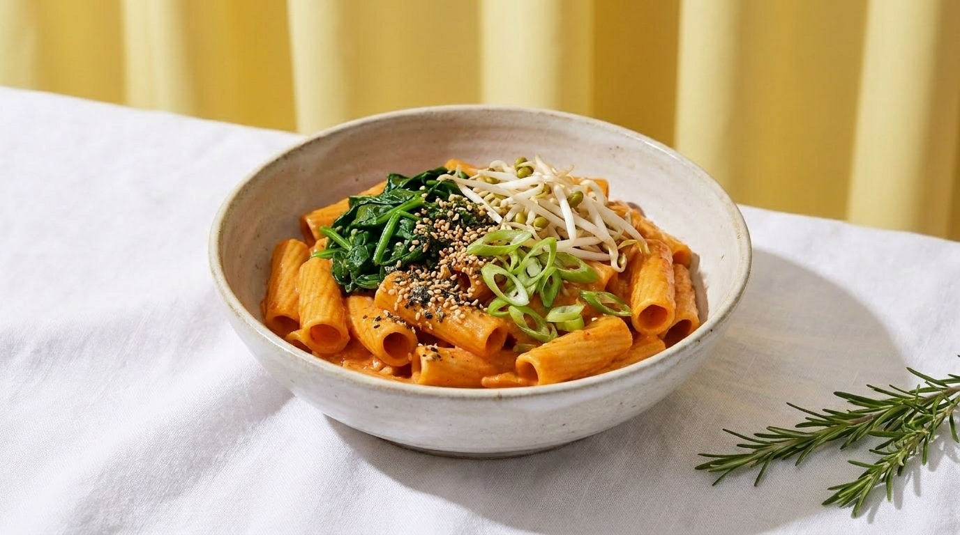 Schale mit Rigatoni in cremiger orangefarbener Sauce, garniert mit Blattspinat, Sojasprossen, Frühlingszwiebeln und Sesam.
