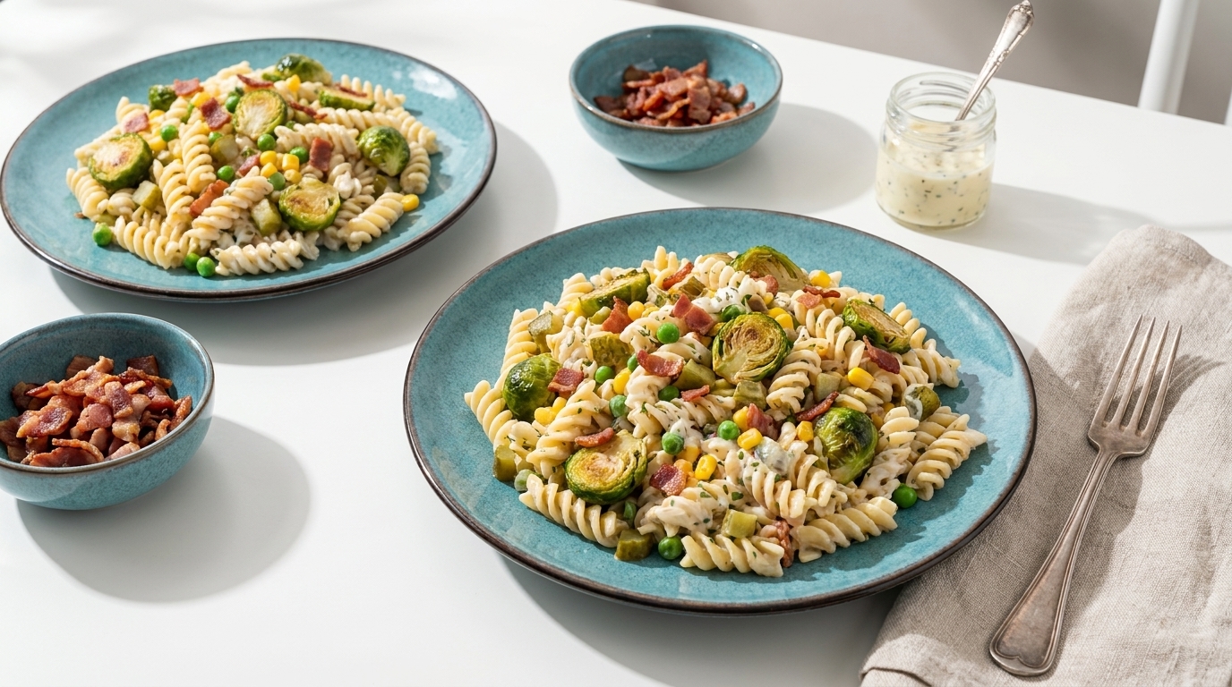 Zwei türkisfarbene Teller mit Fusilli-Nudelsalat: cremige Sauce mit Rosenkohl, Erbsen, Mais und knusprigen Speckwürfeln; dazu kleine Schälchen mit Speck und Dressing.