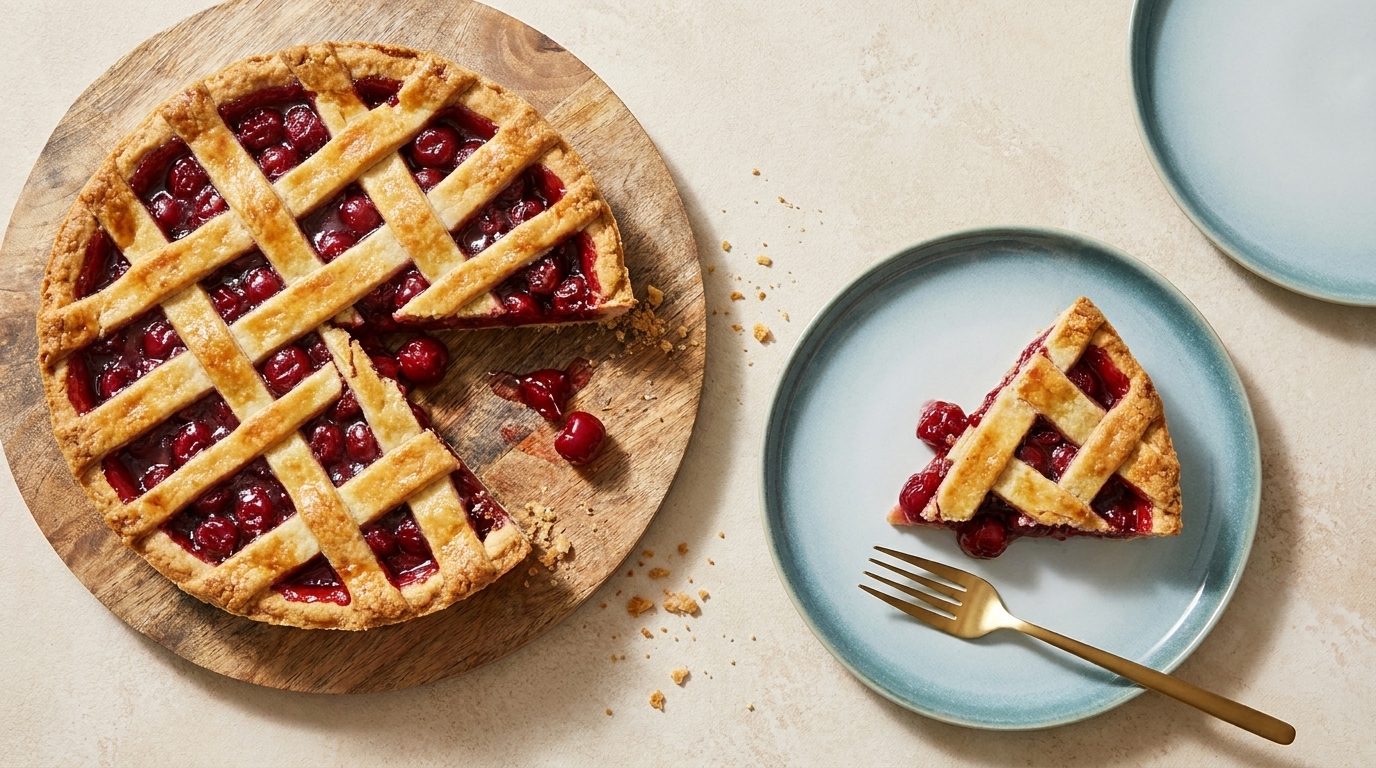 Gitterkirschtorte auf Holzbrett, ein Stück auf blauem Teller mit goldener Gabel; saftige Kirschfüllung tritt aus dem Kuchen hervor.