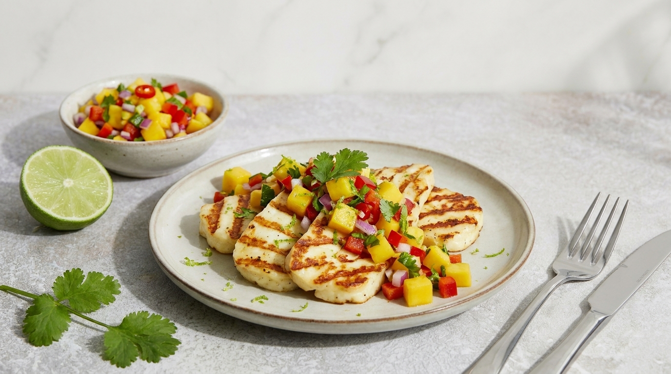 Gegrillte Halloumi‑Scheiben auf einem Teller, belegt mit frischer Mango‑Salsa aus Mango, roten Zwiebeln und Chili, garniert mit Koriander; Limettenhälfte und zusätzliche Schale Salsa daneben.