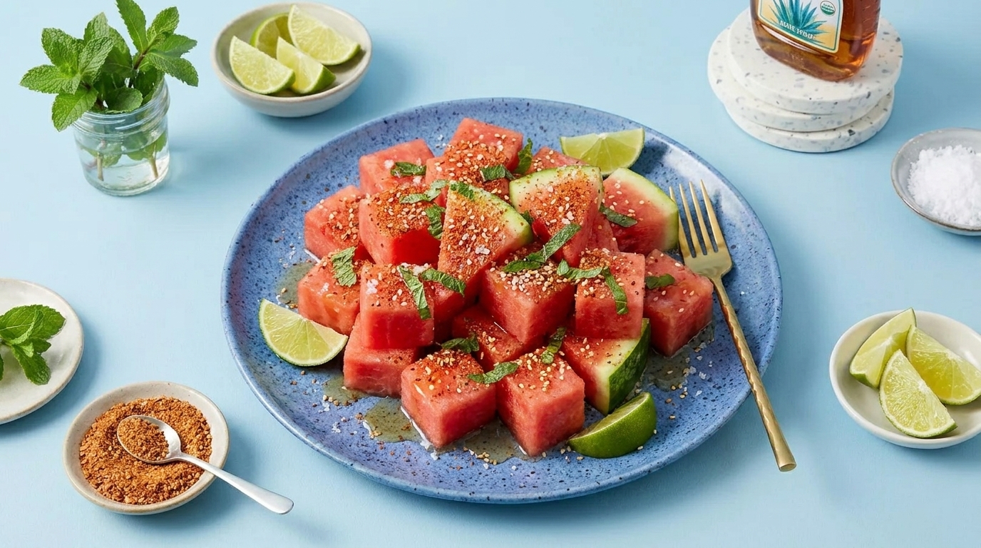 In Würfeln geschnittene Wassermelone auf blauem Teller, garniert mit Limettenspalten, frischer Minze und Gewürzstreuseln; Schälchen mit Limetten und Gewürzen daneben.