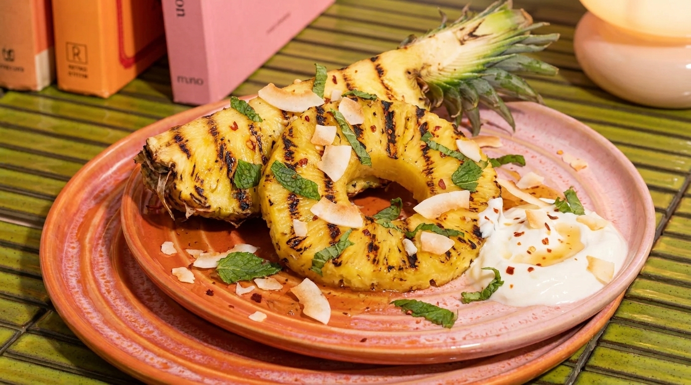 Gegrillte Ananasscheiben mit sichtbaren Grillstreifen auf Keramiktellern, garniert mit Minzblättern, Kokoschips und einem Klecks Joghurt- oder Sahnedip.
