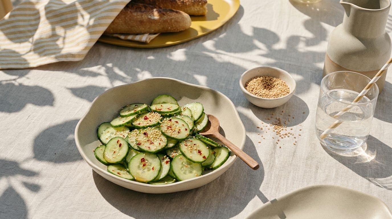 Schüssel mit dünn geschnittenen Gurkenscheiben in leichter Marinade, mit Sesam bestreut und einem Holzlöffel.