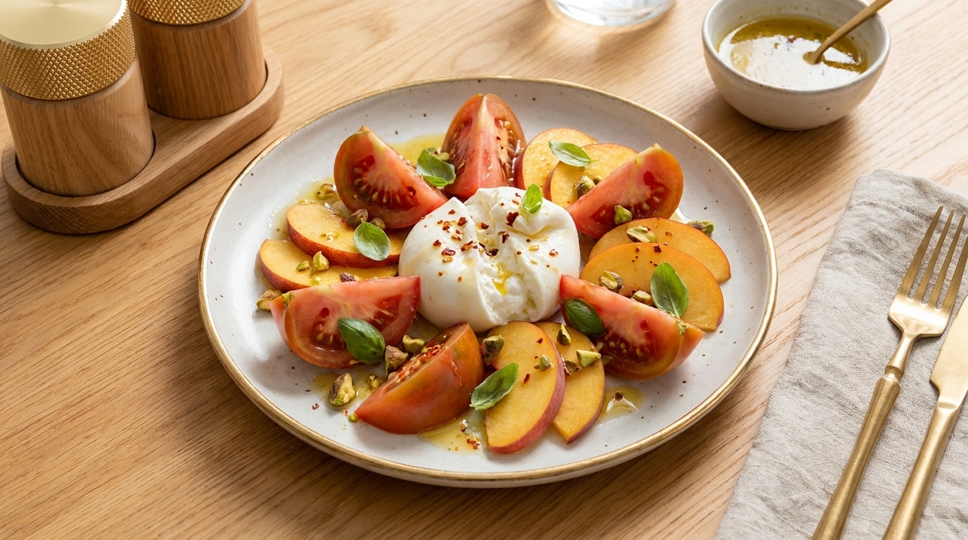 Teller mit Burrata in der Mitte, umgeben von Tomatenspalten und Pfirsichscheiben, garniert mit Basilikumblättern, gehackten Pistazien, Olivenöl und Gewürzen.