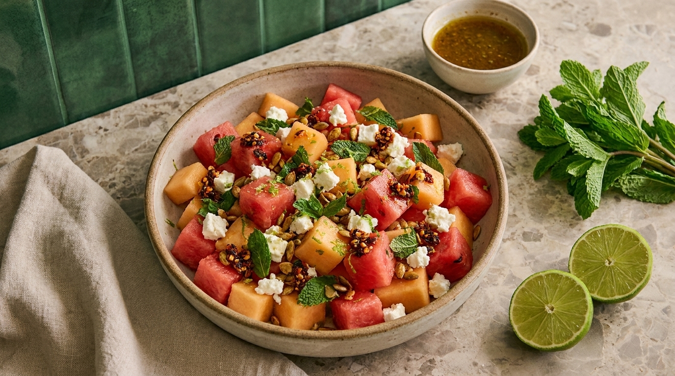 Schale mit Melonen‑Feta‑Salat: Würfel aus Wassermelone und Honigmelone, zerbröselter Feta, frische Minzblätter, gehackte Nüsse und leichtes Dressing.