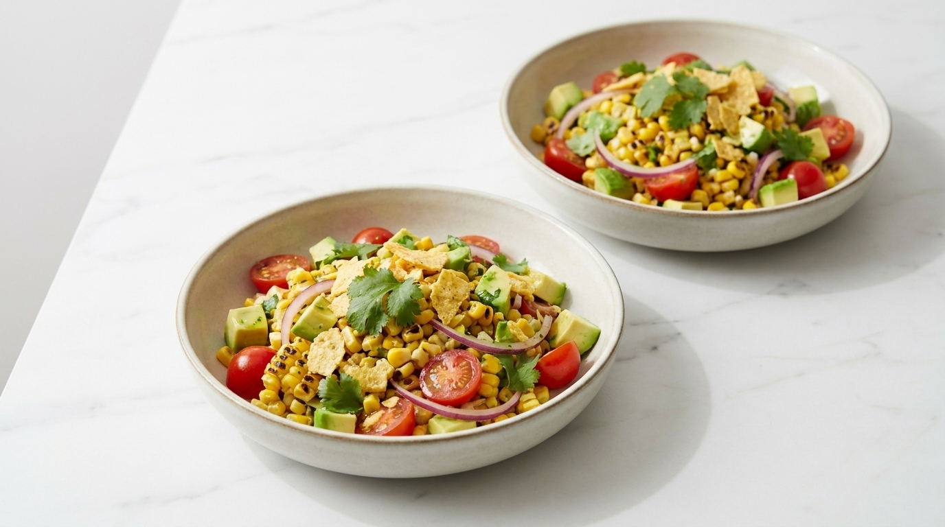 Zwei Schalen mit buntem Salat aus Mais, Avocado, Cherrytomaten, roten Zwiebeln, Koriander und zerbrochenen Tortillachips.