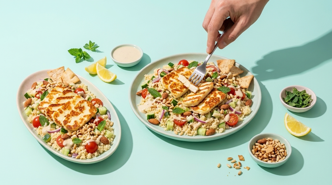 Zwei Teller mit Couscous-Salat, gegrilltem Halloumi, Kirschtomaten, Gurken, Kräutern, Pinienkernen und Zitronenspalten; eine Hand hebt mit einer Gabel ein Stück Halloumi.
