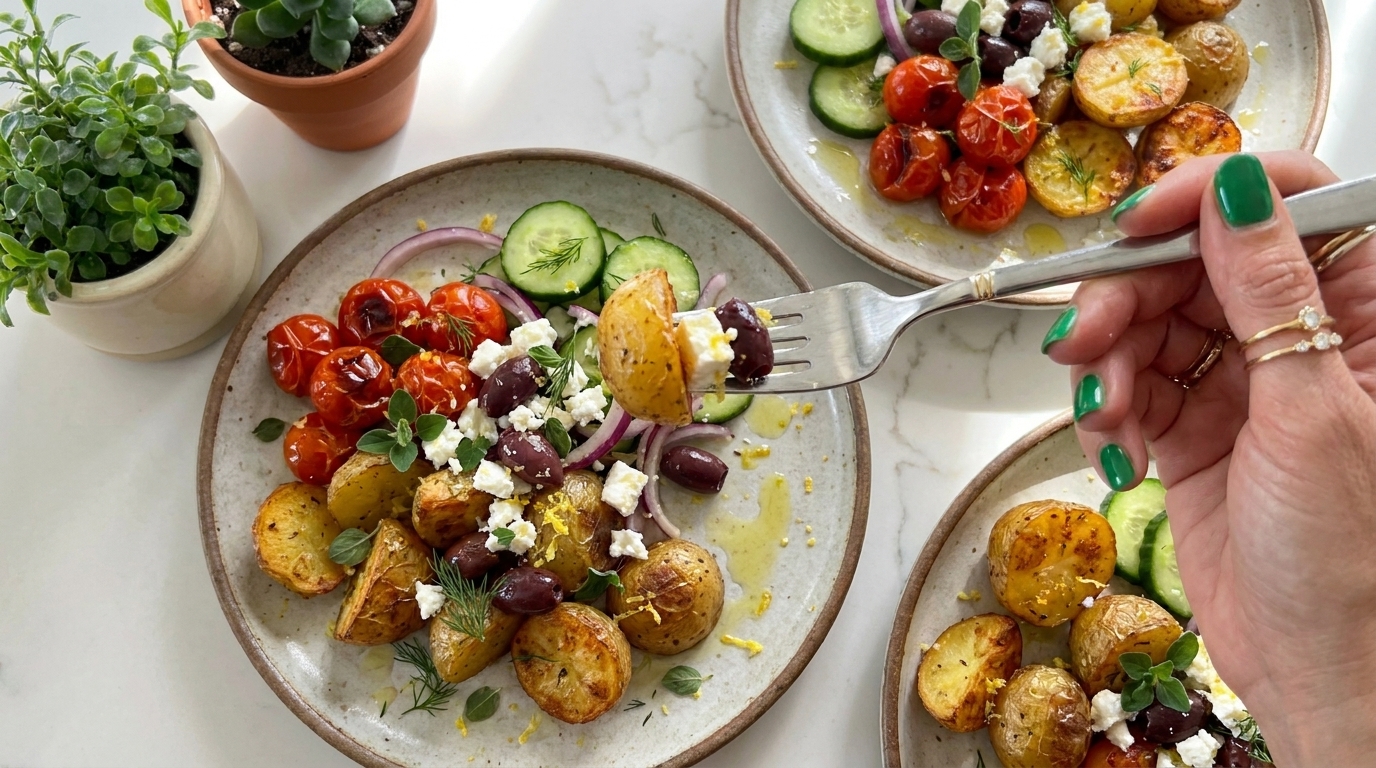 Drei Teller mit mediterranem Kartoffelsalat: gebratene kleine Kartoffeln, gegrillte Kirschtomaten, Gurkenscheiben, Oliven, rote Zwiebeln und Fetakäse, garniert mit Kräutern und Olivenöl; Hand mit Gabel hebt eine Kartoffel.