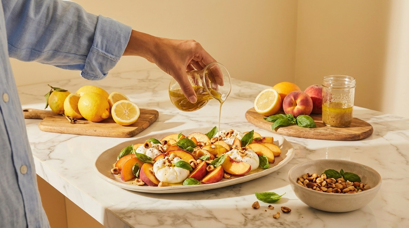 Hand gießt Olivenöl-Dressing über Teller mit Burrata, Pfirsich- und Nektarinenhälften, Basilikum und Pistazien; Zitronen, Glas mit Dressing und Schale mit Nüssen im Hintergrund.