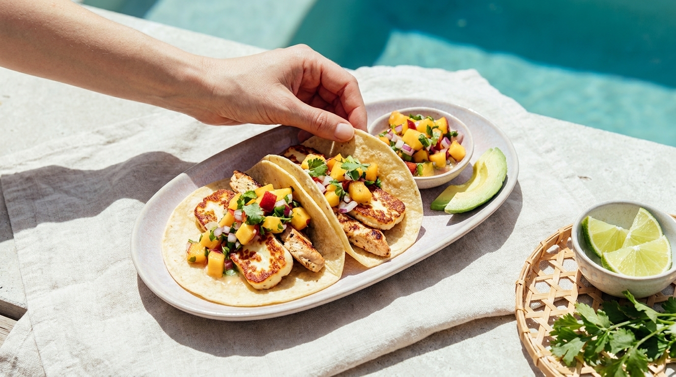 Hand nimmt einen Taco: zwei Weizentortillas gefüllt mit gegrillten Filetstücken, Mango-Salsa und Avocado, dazu Limettenviertel.